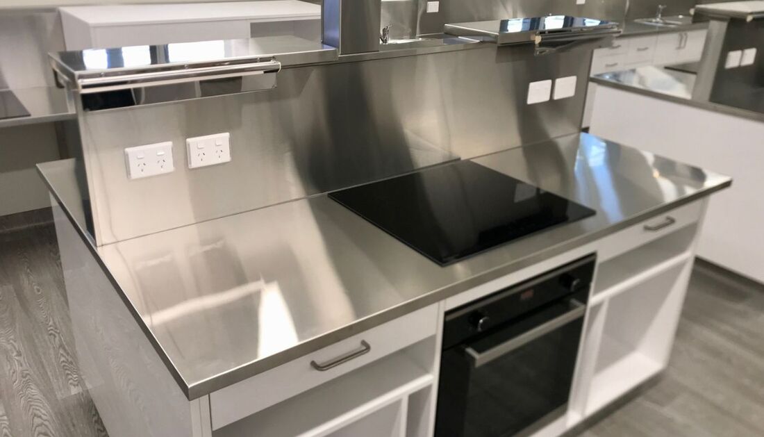 Stainless steel preparation benches in home economics kitchen